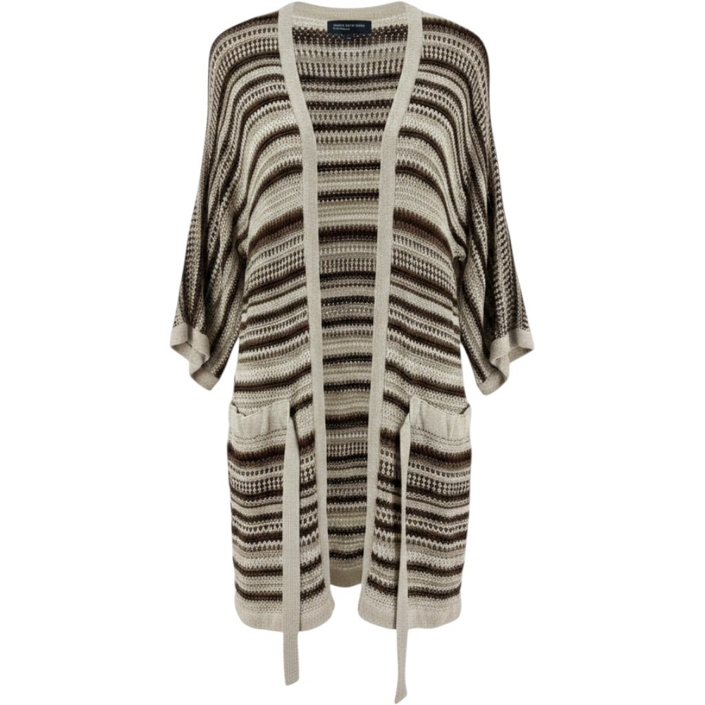 Jones New York Cardigan Womens M Sweater Beige Brown Striped Open Front Belted
